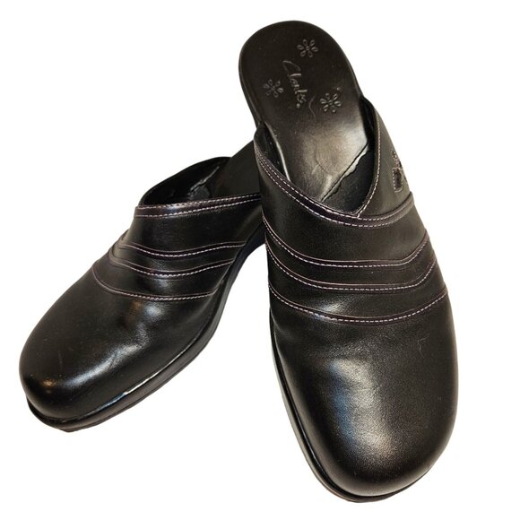 Clarks slip on Black 7 leather mules clog Top Stitching close toe career office - Picture 1 of 12